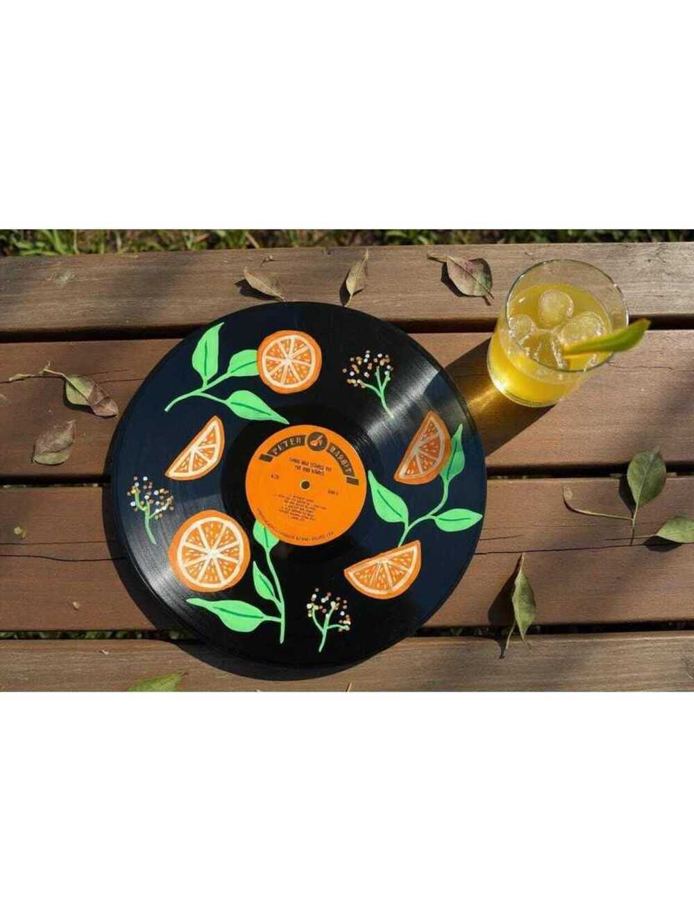 Hand-Painted Citrus Vinyl Record Art – Upcycled Botanical Decor